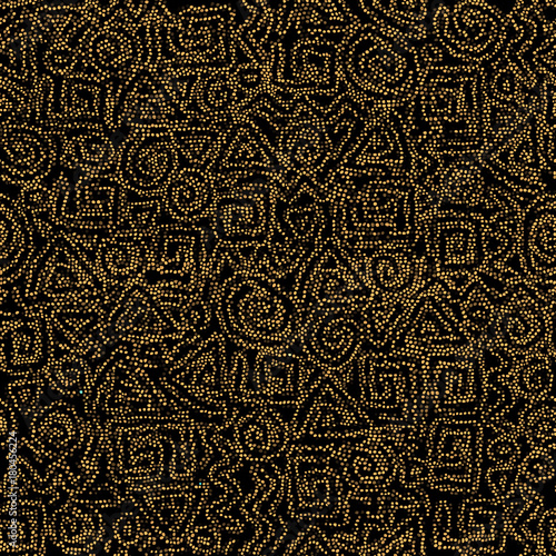 Ethnic boho seamless pattern in african style on black background. Tribal art print. Irregular polka dots pattern.