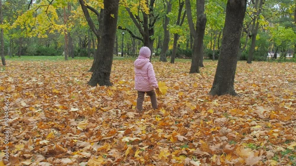 A sad child is walking in an autumn park. A little girl walks on yellow leaves. A sad child is walking in an autumn park. A little girl walks on yellow leaves.