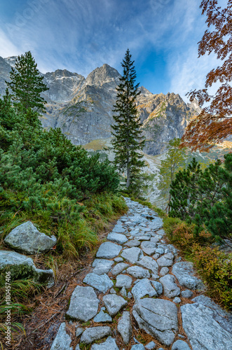 Tatra mountains, footpath near Morskie Oko lake, fall morning, Poland