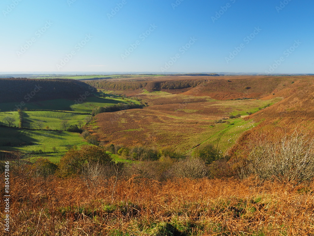View over the Hole of Horcum with blue sky in North York Moors National Park, Yorkshire, UK