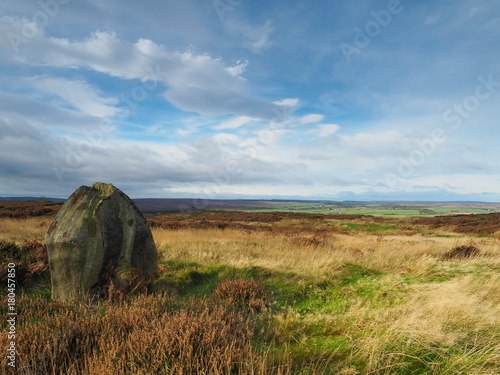 Solitary rock with views over Howdale Moor with scenic sky in the North York Moors National Park, Yorkshire, UK