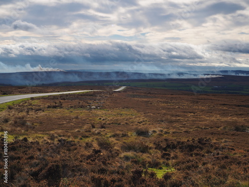 Fotografie Controlled burning of the heather in the autumn under a brooding sky in the Nort