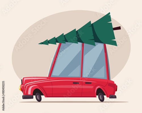 Man is driving a vintage car with christmas tree on the roof. Cartoon vector illustration