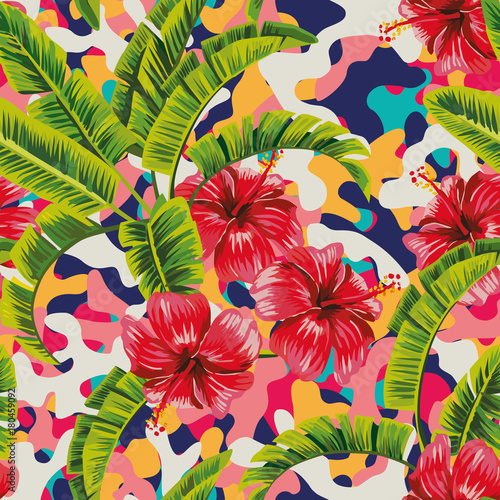 Hibiscus banana leaves multicolor background