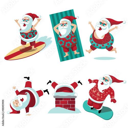 Christmas illustration of group of Santa Claus in warm and cold climates. EPS 10 vector.