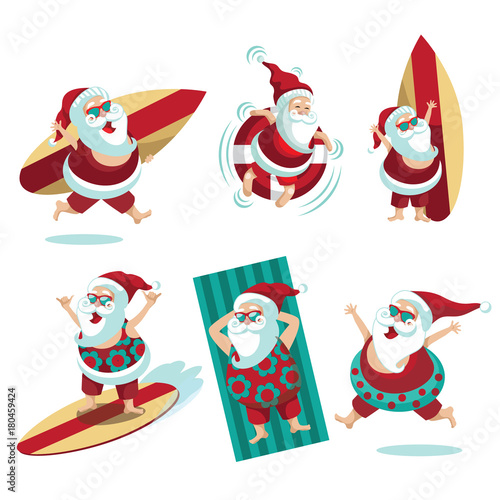 Santa Claus beach collection. Christmas illustration of group of Santa Claus in a warm climate. EPS 10 vector.