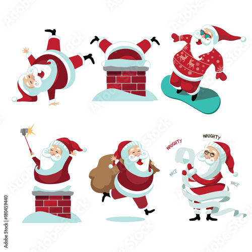 Santa Claus collection. delivering gifts. Christmas illustration of group of Santa Claus in winter climate. EPS 10 vector.