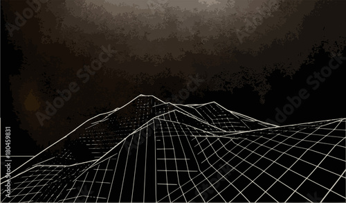 Vector illustration of a three-dimensional wireframe landscape on a black background.
