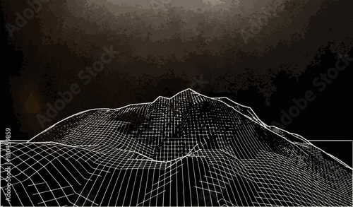 Vector illustration of a three-dimensional wireframe landscape on a black background.