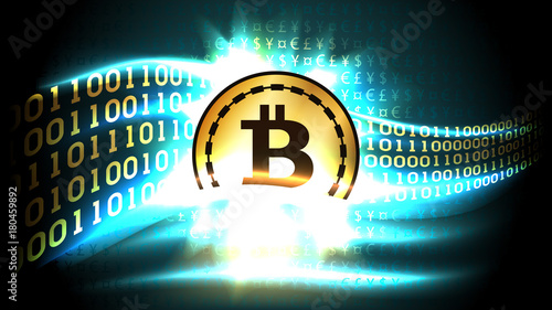Golden symbol of cryptocurrency bitcoin exchanges currency signs for binary code, well organized layers