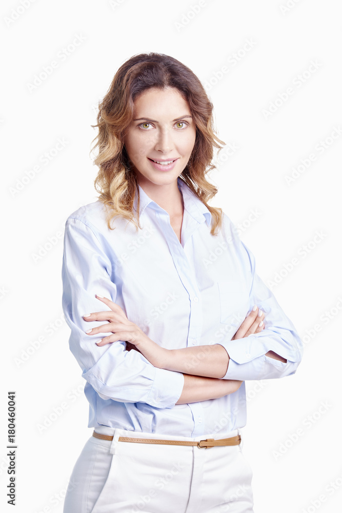 Beautiful young woman against white background