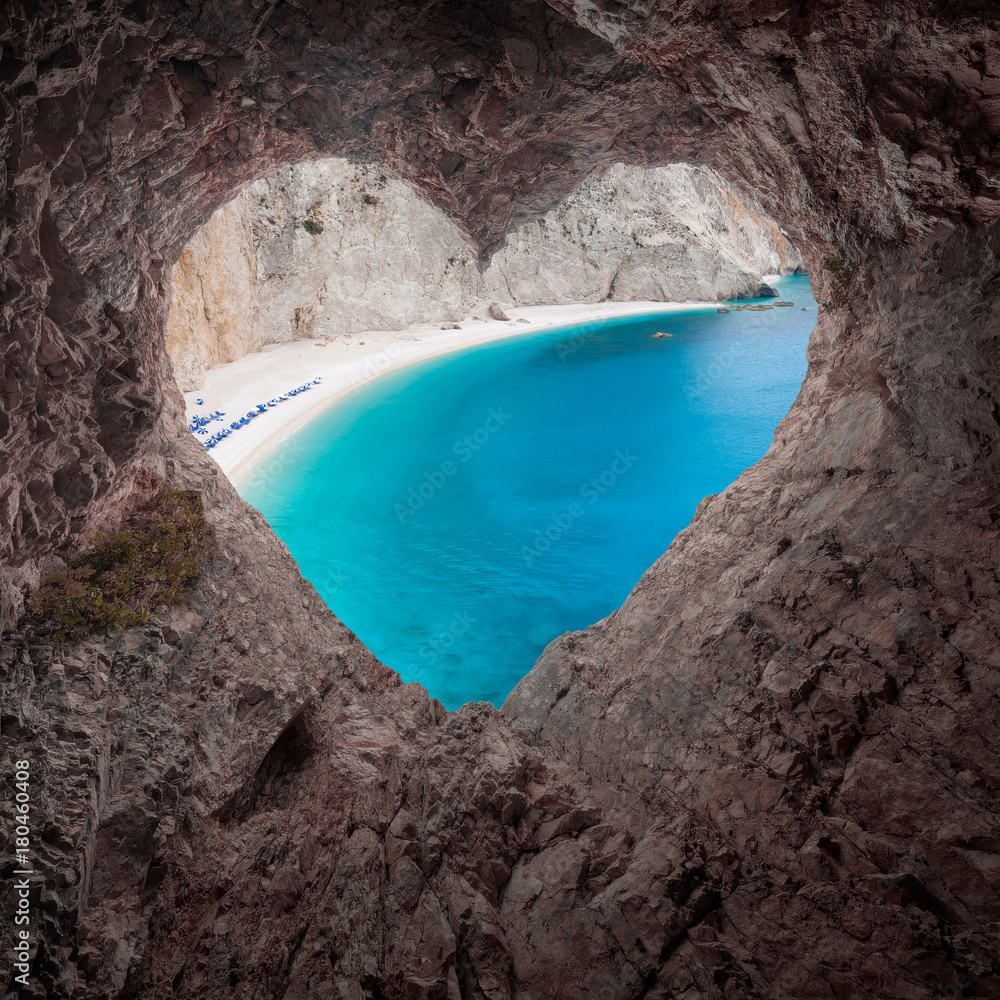 View from heart shape cave to the idyllic beach