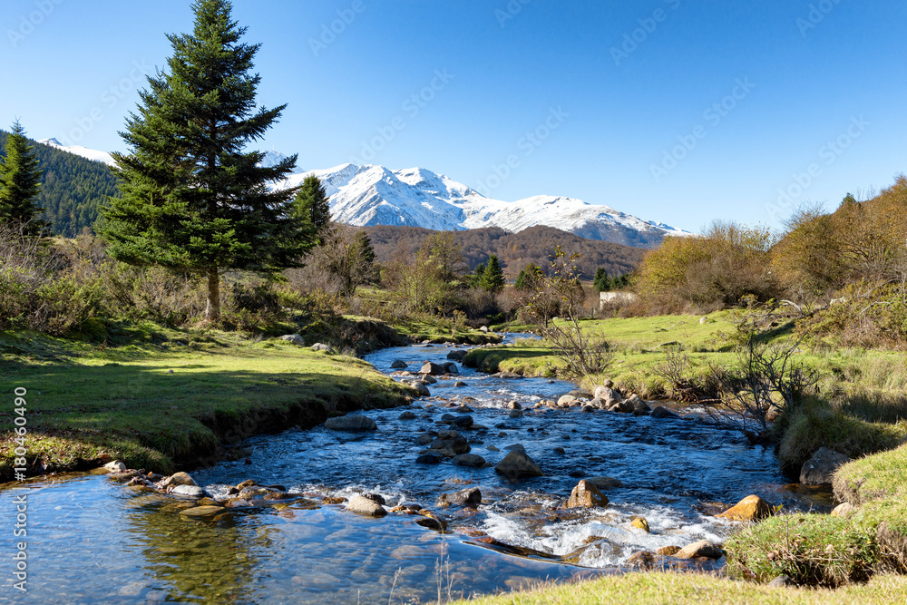 Canvas schilderij met river with Pic du Midi de Bigorre in the french Pyrenees #180460490