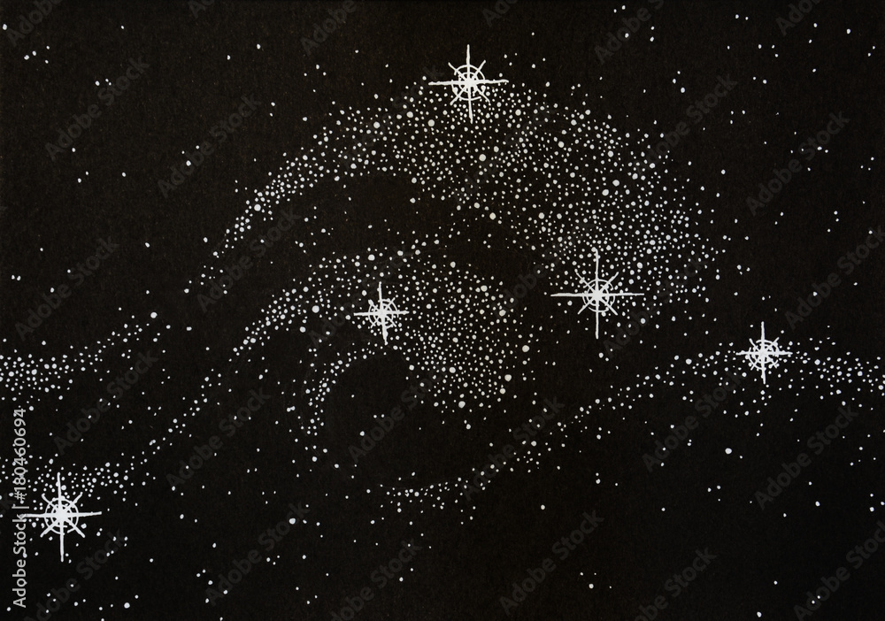 Fototapeta premium Black and white hand drawn illustration of stars in the night sky shaped like two great shiny waves