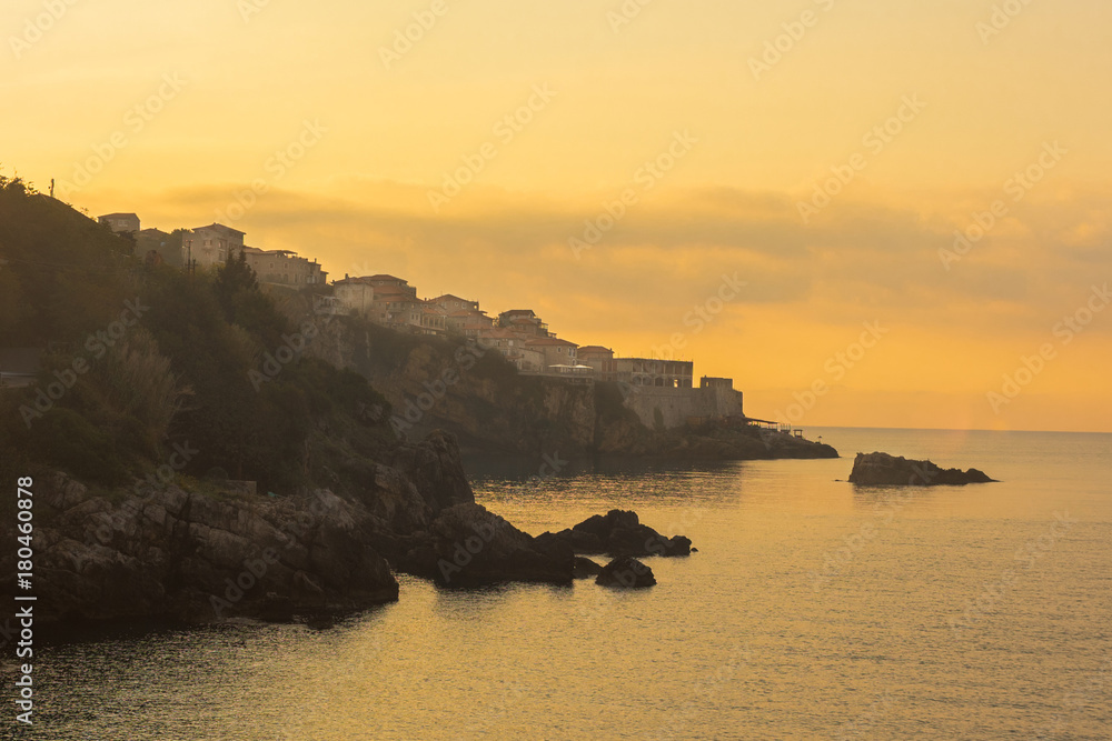 Montenegro, city of Ulcinj, the month of October, the Adriatic coast, dawn, view of the old fortress.
