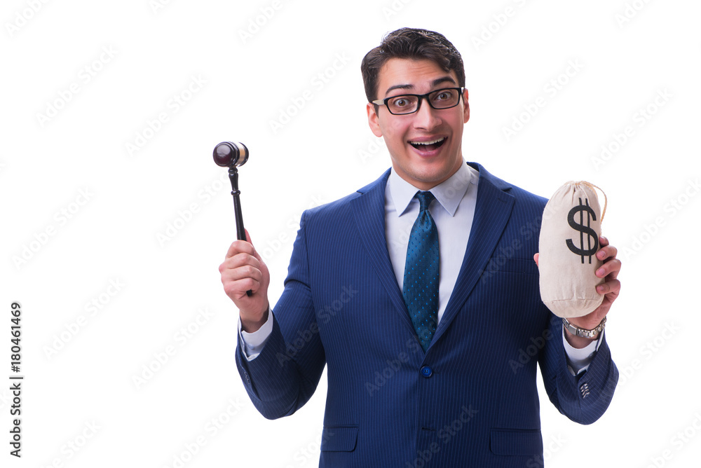 Lawyer with a gavel and a moneybag money bad isolated on white Lawyer with a gavel and a moneybag money bad isolated on white