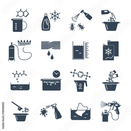 set of black icons household chemicals, cleaner, detergent