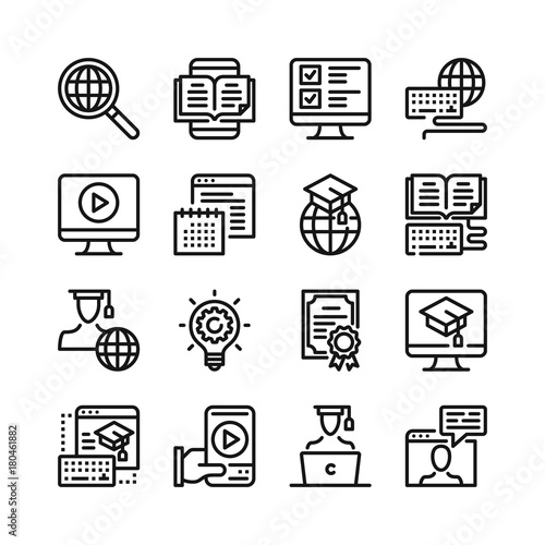 Online education line icons set. 48x48 px. E-learning, elearning, distance education concepts. Modern graphic design. Simple stroke outline elements collection. Pixel perfect. Vector line icons