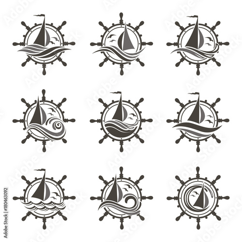 icons collection of sailing yacht, handwheel and ocean waves with seagulls