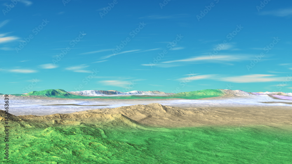 Fantasy alien planet. Rocks and sky. 3D rendering