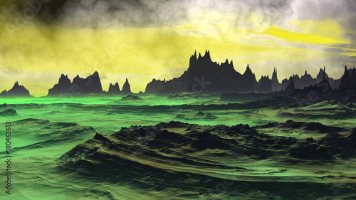 Fantasy alien planet. Rocks and sky. 3D rendering photo