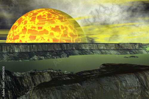 Fantasy alien planet. Rocks and lake. 3D rendering