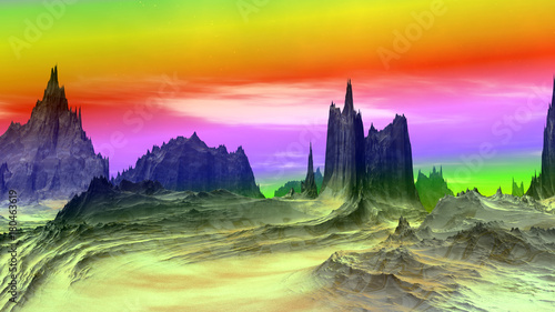 Fantasy alien planet. Rocks and sky. 3D rendering