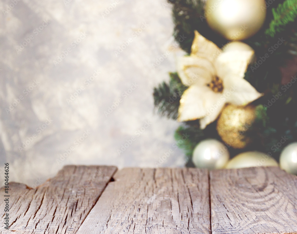Christmas background with wooden boards and Christmas decorations, blurry, selective focus