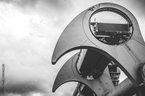 Close up detail of the Falkirk wheel in black and white on a cloudy gloomy day