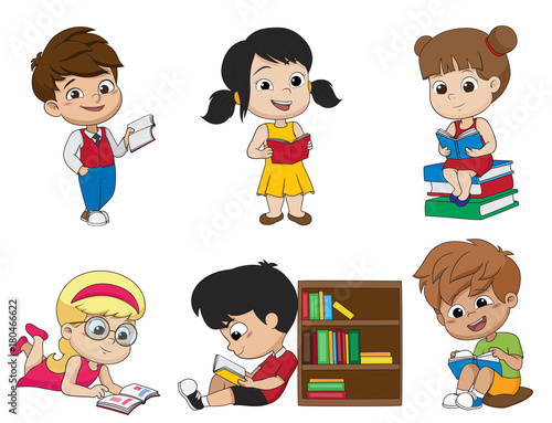 Set of kid reading a book.vector and illustration.