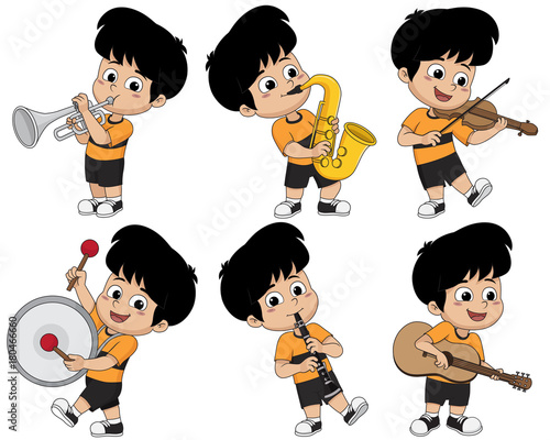 Kid playing musical instruments such as trumpet,saxophone,violin,drum,clarinet and guitar.