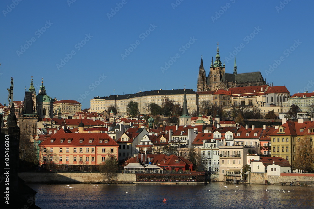 panoramic view over the Vltava river to the Prague Castle