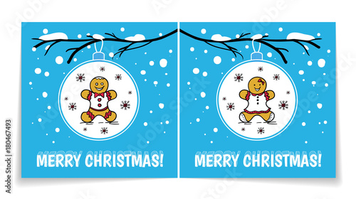 Holiday card with Christmas balls on snowy branch. Illustration with gingerbread man and woman. Cover and back of card.