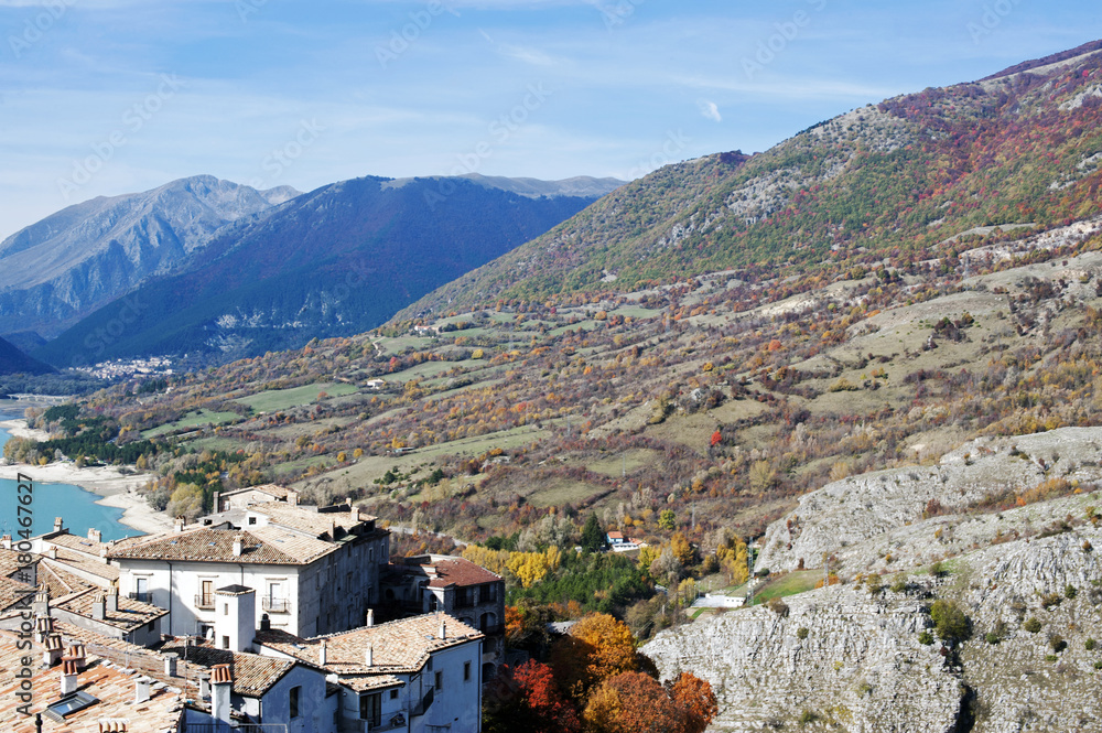 The town of Villetta Barrea that overlooks the namesake lake, at the foot of Mattone Mount, in the National Park of Abruzzo.