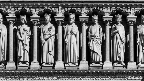 Notre Dame de Paris Cathedral: Architectural details in black and white. Paris, France