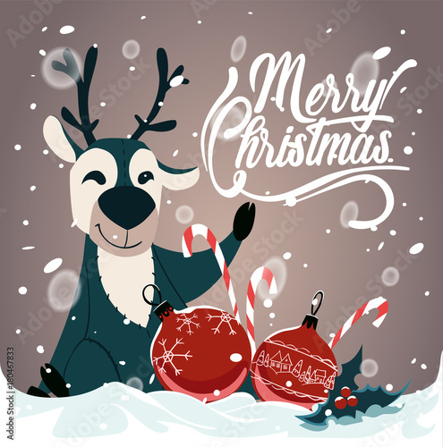 Merry Christmas greeting card in cartoon style. Cute deer character.