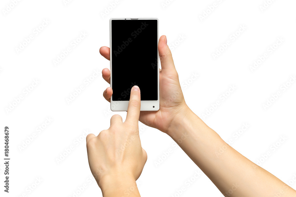 Mockup of female hand holding white cellphone and sliding black screen isolated at white background. Mockup of female hand holding white cellphone and sliding black screen isolated at white background.