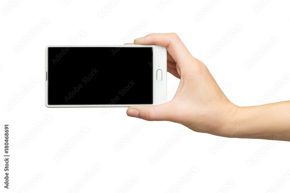 Mockup of female hand holding white frameless cell phone with black screen isolated at white background. Mockup of female hand holding white frameless cell phone with black screen isolated at white background.