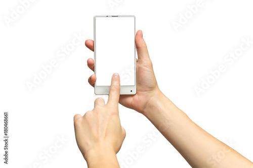 Mockup of female hand holding white cellphone and sliding blank screen isolated at white background.