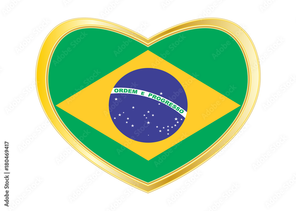 Fototapeta premium Flag of Brazil in heart shape, golden frame
