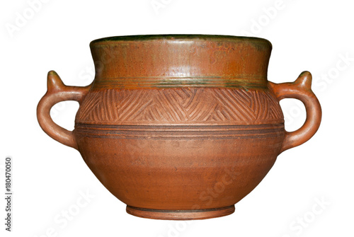 old ceramic clay pot with handles in the folk l style isolated