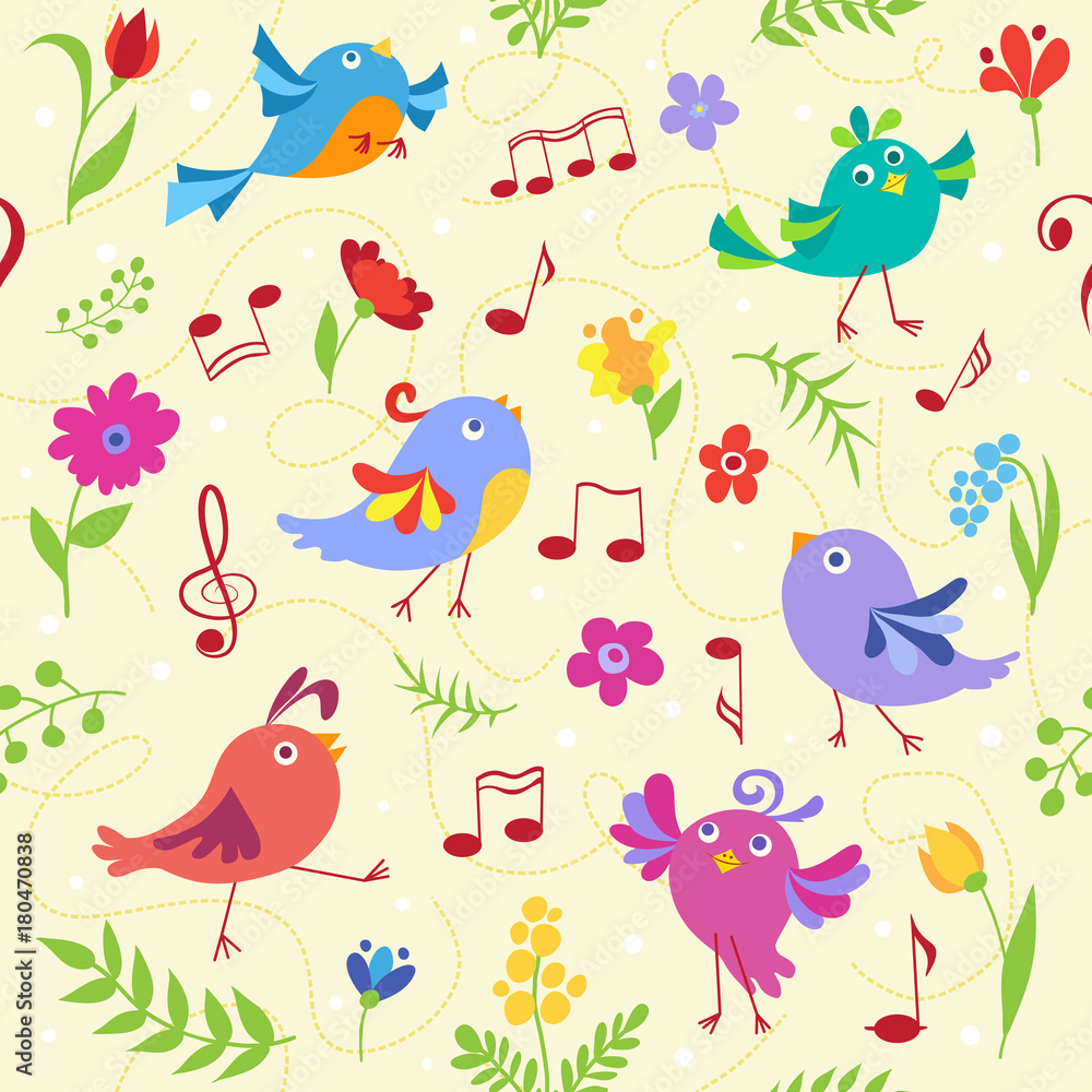 Cute spring musical birds seamless pattern