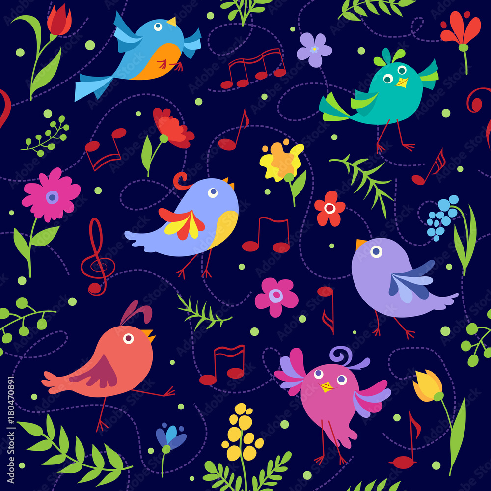 Cute spring musical birds seamless pattern blue