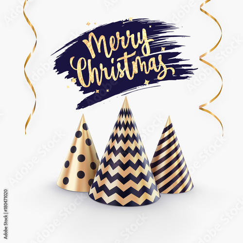 Party hat or abstract Christmas tree and streamers vector template for Christmas party banner or happy birthday greeting card. Holiday background
