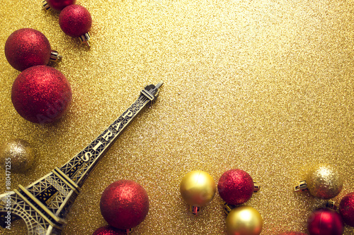 Photography red gloss ball glitter with ball decor  on gold background with paris france eif