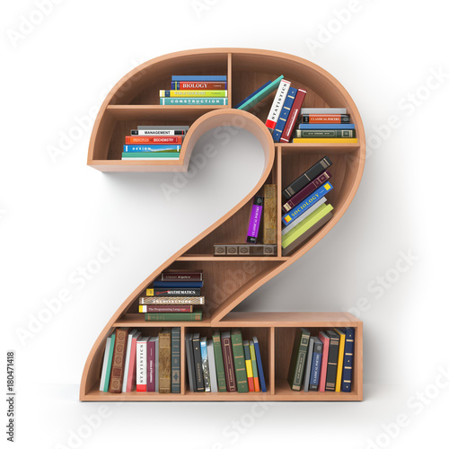 Number 2 two. Alphabet in the form of shelves with books isolated on white.
