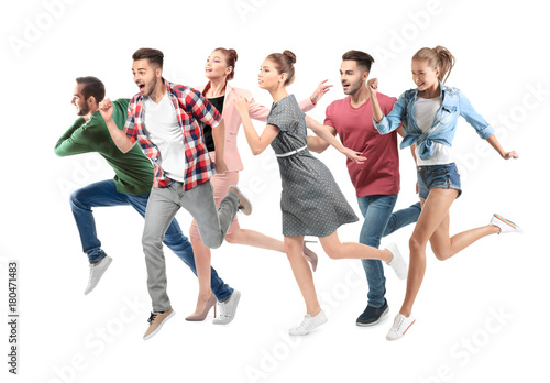 Group of running people on white background