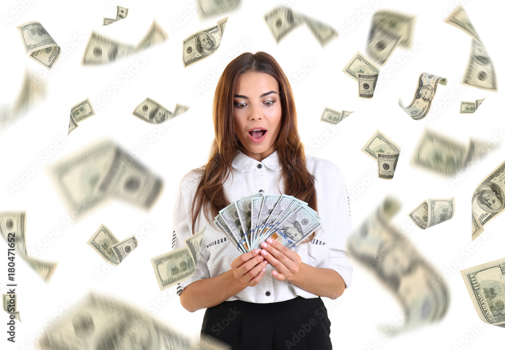 Young woman with money on white background Young woman with money on white background