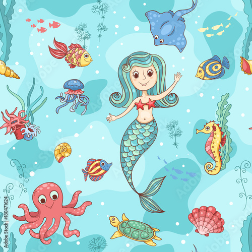 Seamless pattern with mermaid