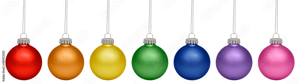 Christmas baubles all colors of the rainbow isolated on white background
